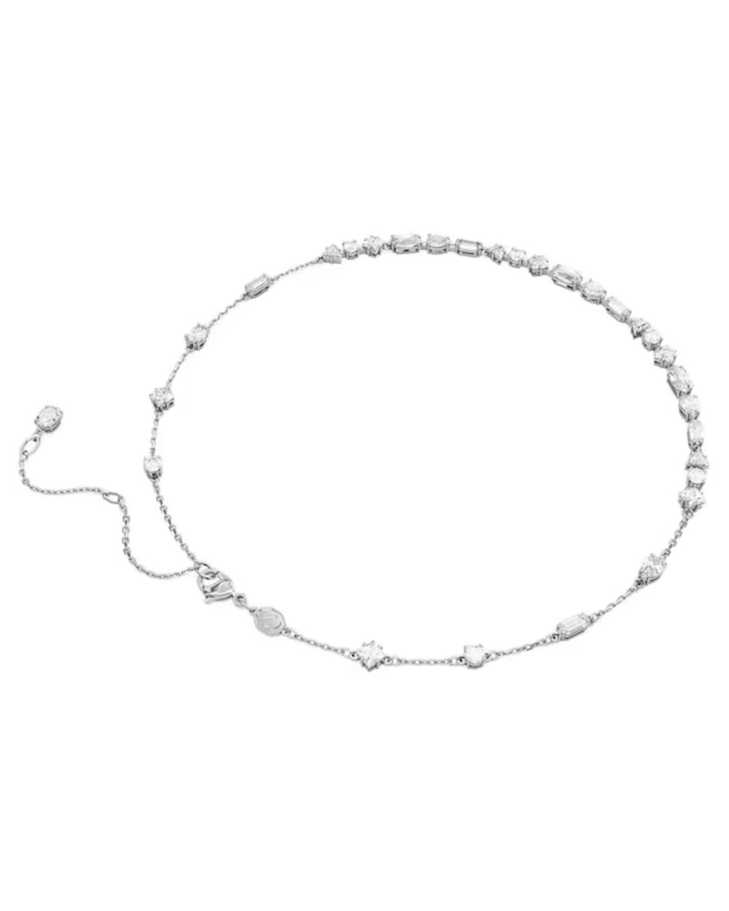 Mesmera necklace, Mixed cuts, Scattered design, White, Rhodium plated