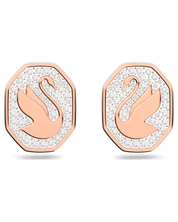 Signum stud earrings, Octagon shape, Swan, White, Rose gold-tone plated