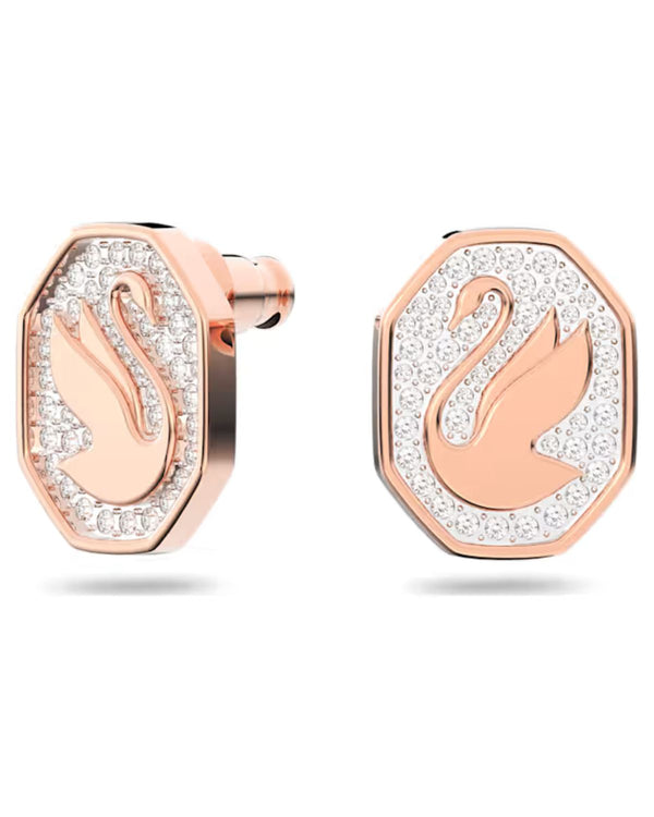 Signum stud earrings, Octagon shape, Swan, White, Rose gold-tone plated