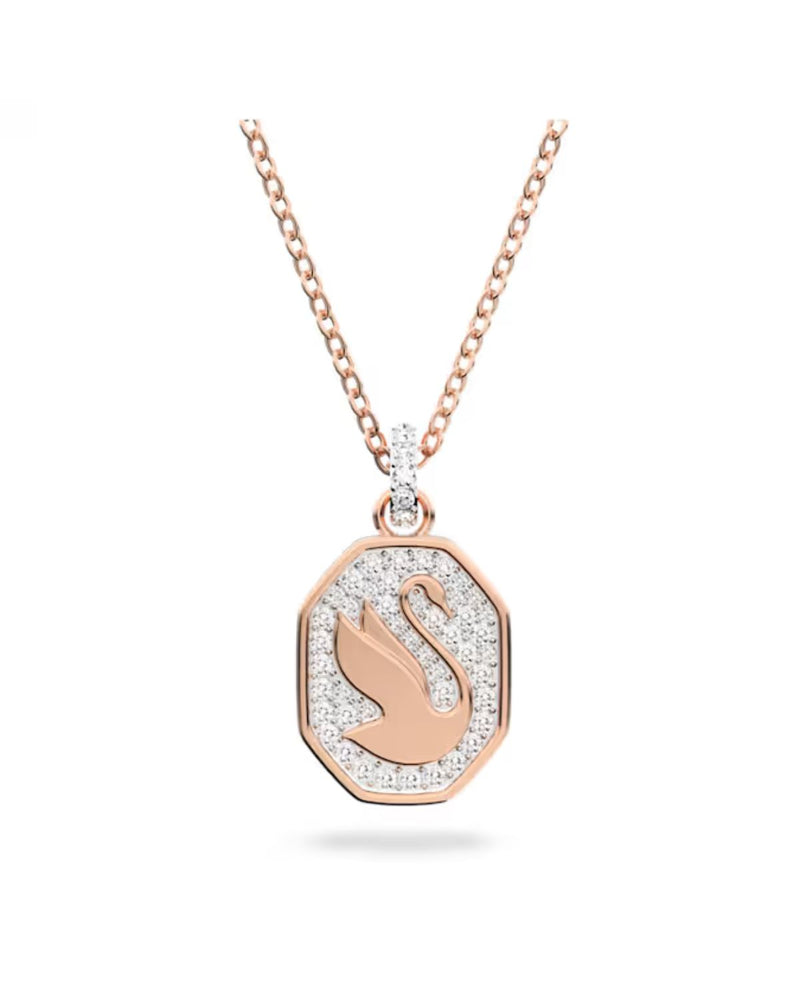 Signum pendant, Swan, White, Rose gold-tone plated