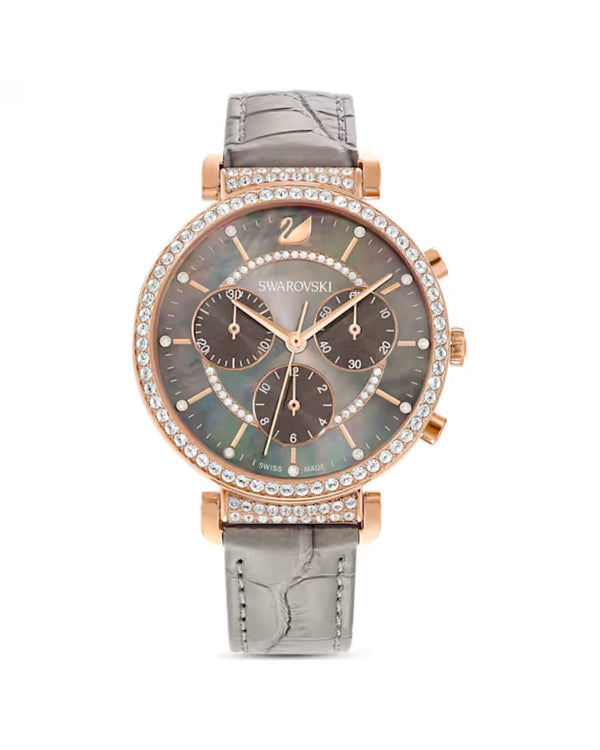 Passage Chrono watch, Swiss Made, Leather strap, Gray, Rose gold-tone finish