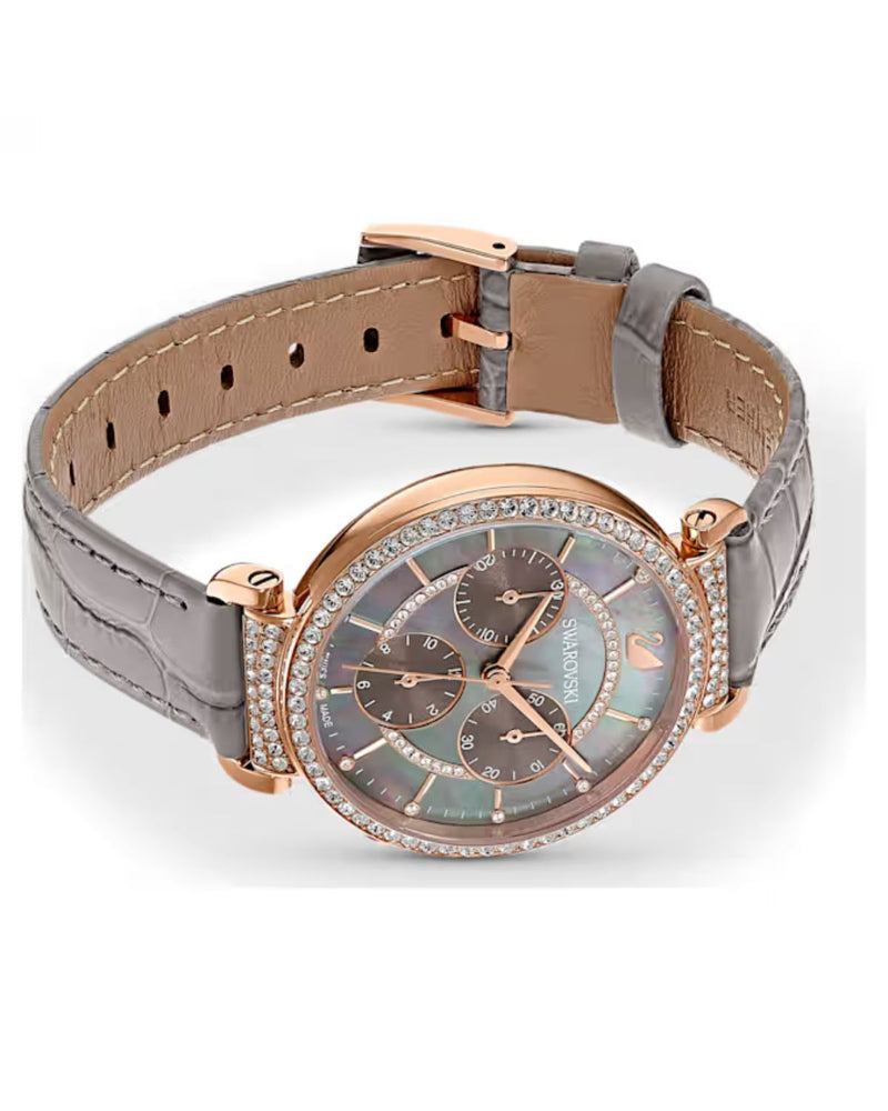 Passage Chrono watch, Swiss Made, Leather strap, Gray, Rose gold-tone finish