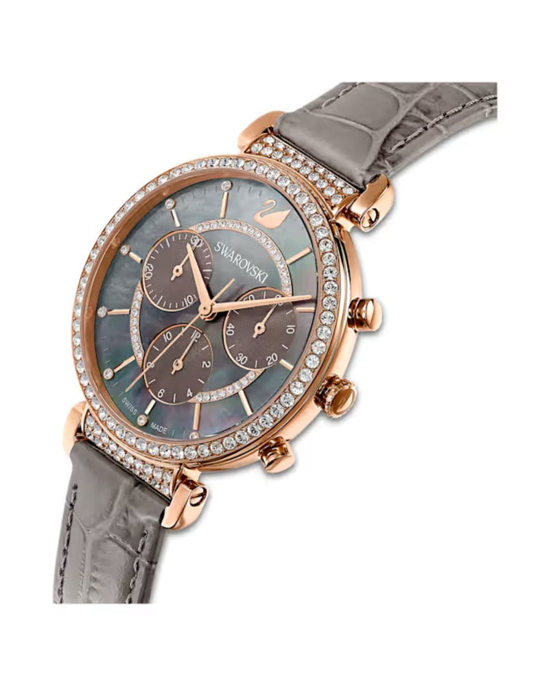 Passage Chrono watch, Swiss Made, Leather strap, Gray, Rose gold-tone finish