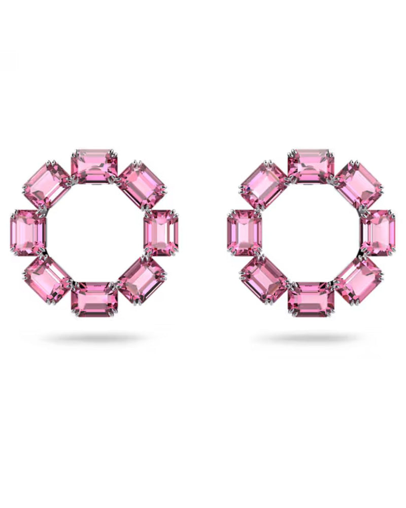 Millenia hoop earrings, Octagon cut, Pink, Rhodium plated