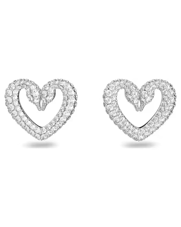 Una stud earrings, Heart, Medium, White, Rhodium plated