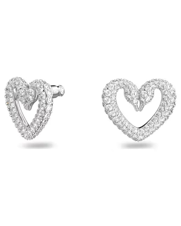 Una stud earrings, Heart, Medium, White, Rhodium plated