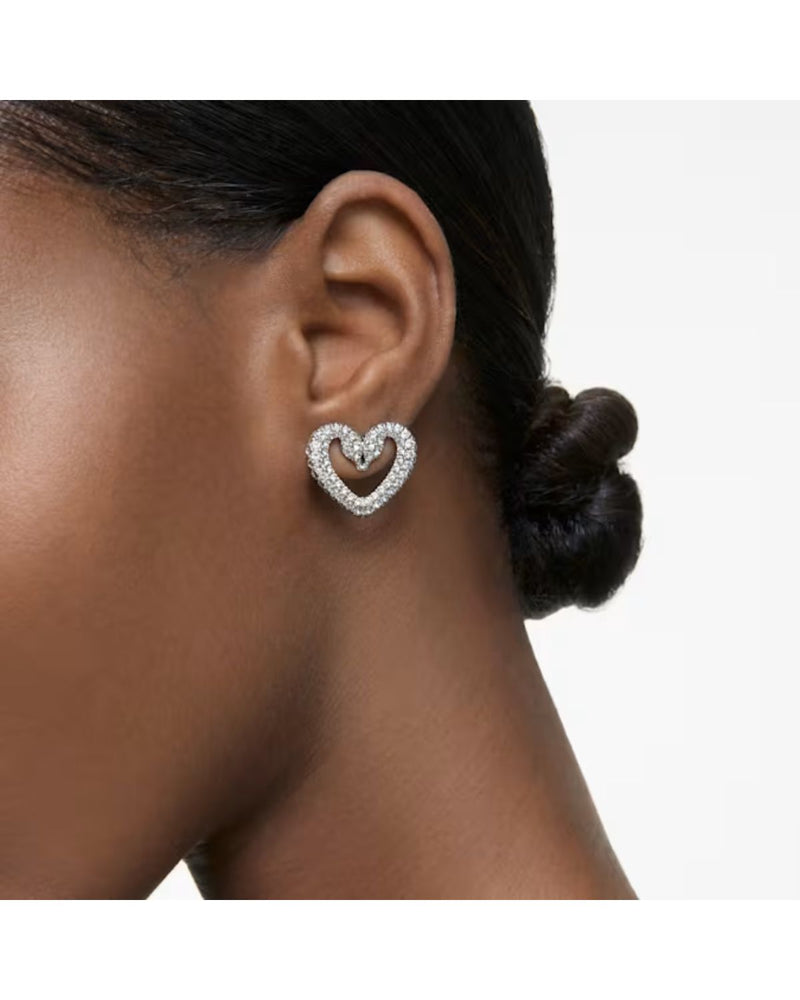 Una stud earrings, Heart, Medium, White, Rhodium plated