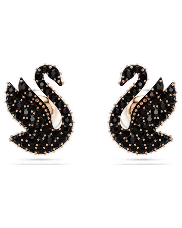 Swarovski Swan stud earrings, Swan, Black, Rose gold-tone plated