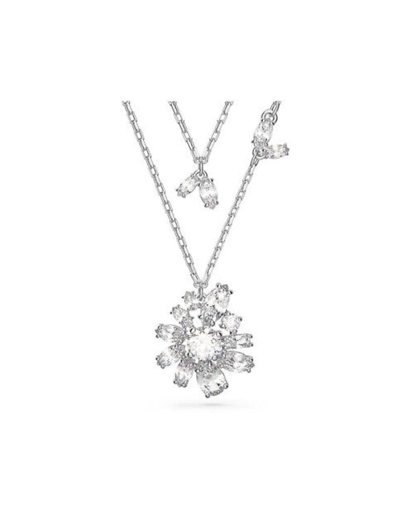 Gema layered necklace, Mixed cuts, Flower, White, Rhodium plated