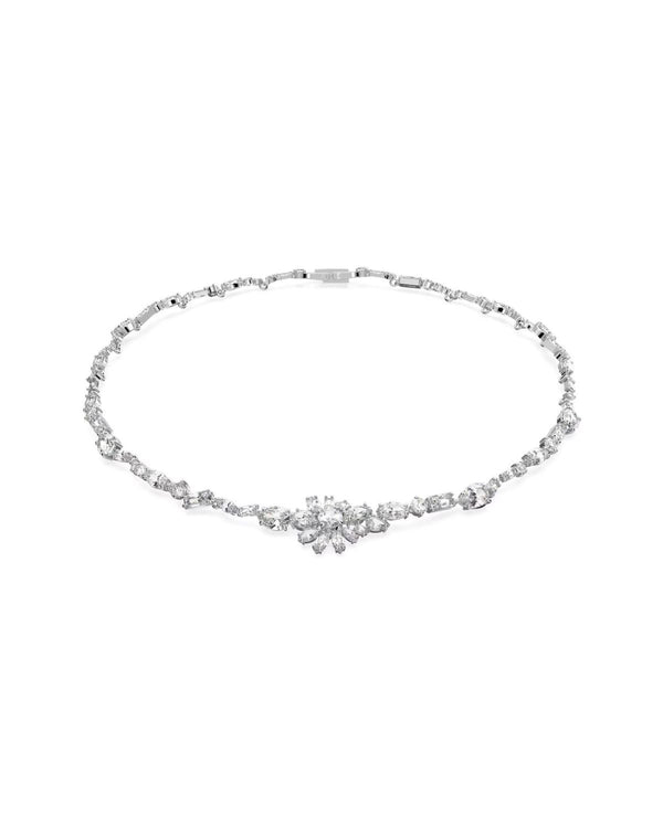 Gema necklace, Mixed cuts, Flower, White, Rhodium plated