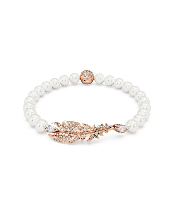 Nice bracelet, Magnetic closure, Feather, White, Rose gold-tone plated