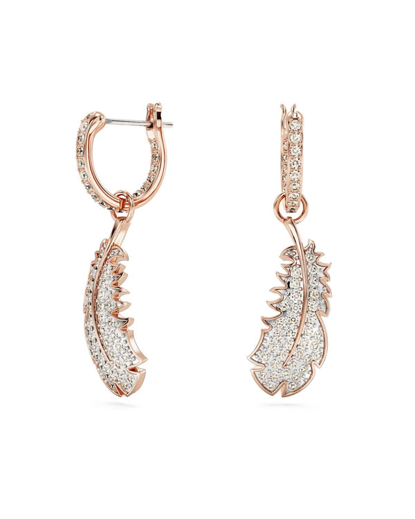 Nice drop earrings, Feather, White, Rose gold-tone plated