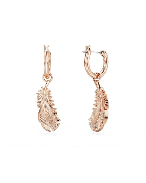 Nice drop earrings, Feather, White, Rose gold-tone plated