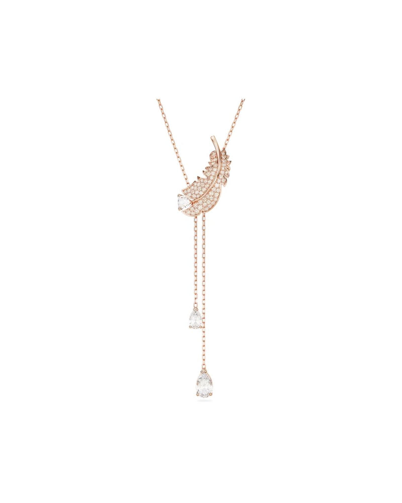 Nice Y pendant, Feather, White, Rose gold-tone plated