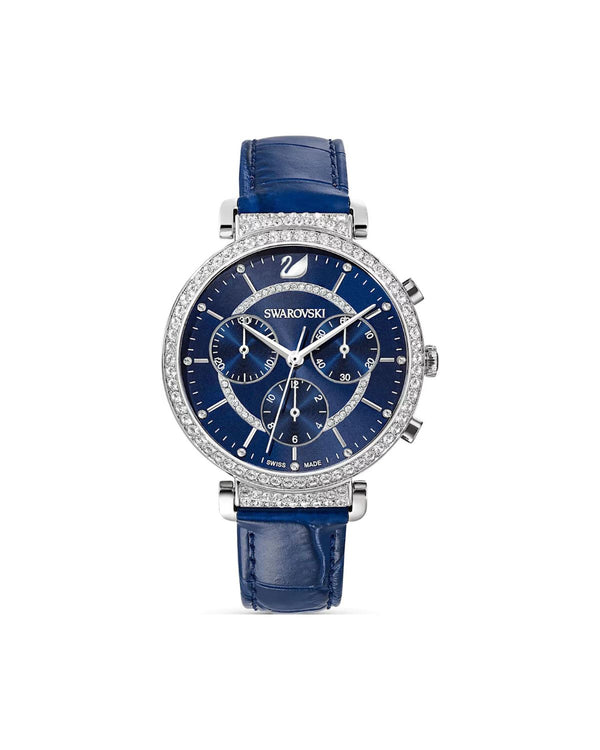 Passage Chrono watch, Swiss Made, Leather strap, Blue, Stainless steel