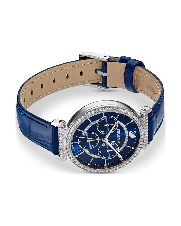 Passage Chrono watch, Swiss Made, Leather strap, Blue, Stainless steel