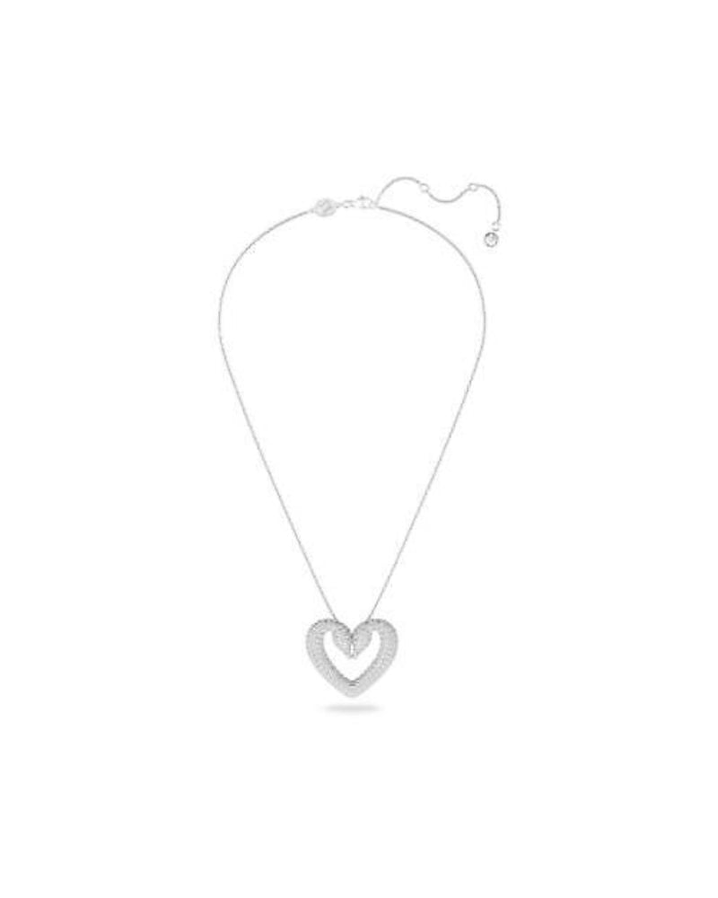 Una pendant, Heart, Large, White, Rhodium plated