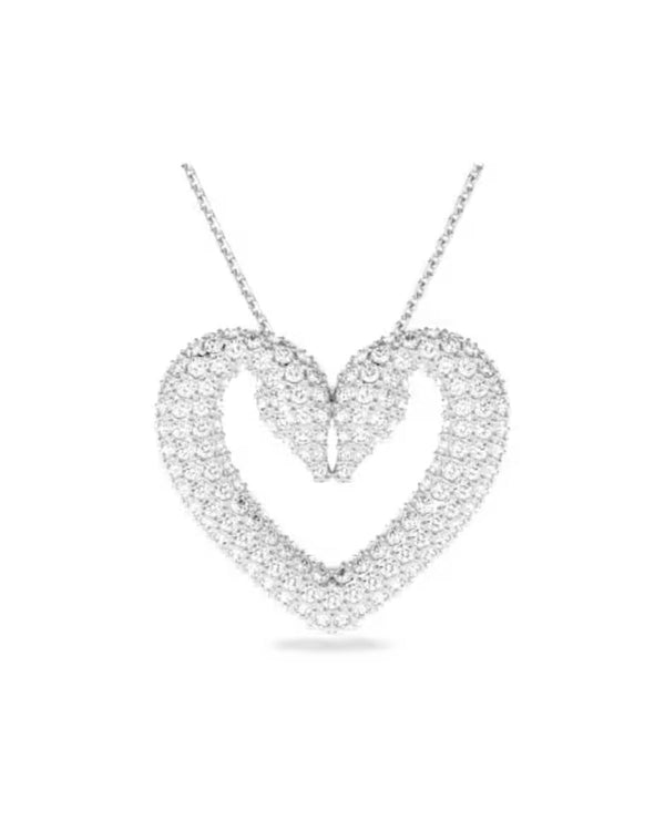 Una pendant, Heart, Large, White, Rhodium plated