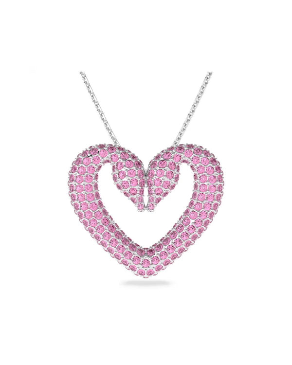 Una pendant, Heart, Large, Pink, Rhodium plated