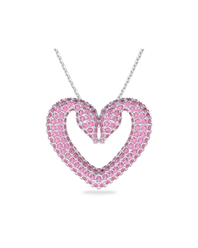 Una pendant, Heart, Large, Pink, Rhodium plated