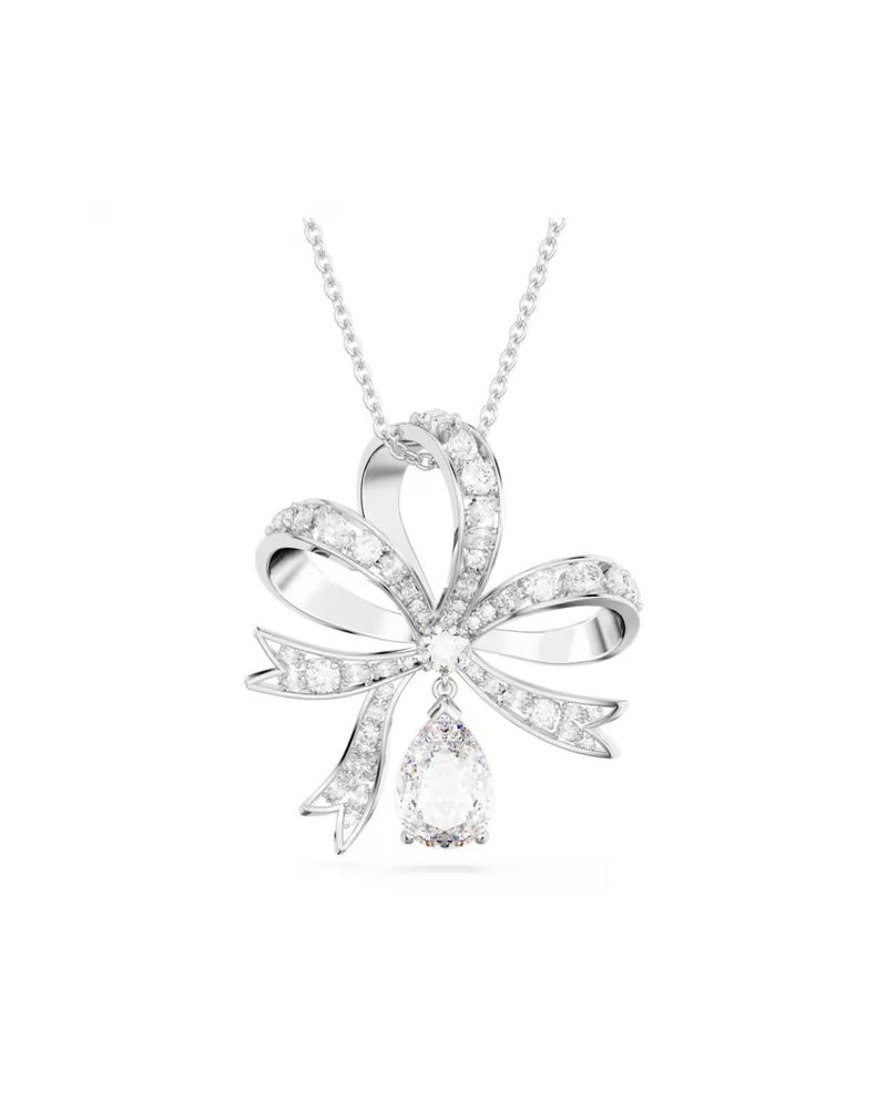 Volta pendant, Bow, Large, White, Rhodium plated