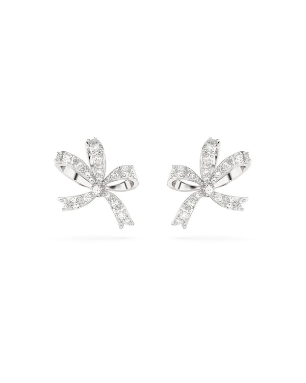 Volta stud earrings, Bow, Small, White, Rhodium plated