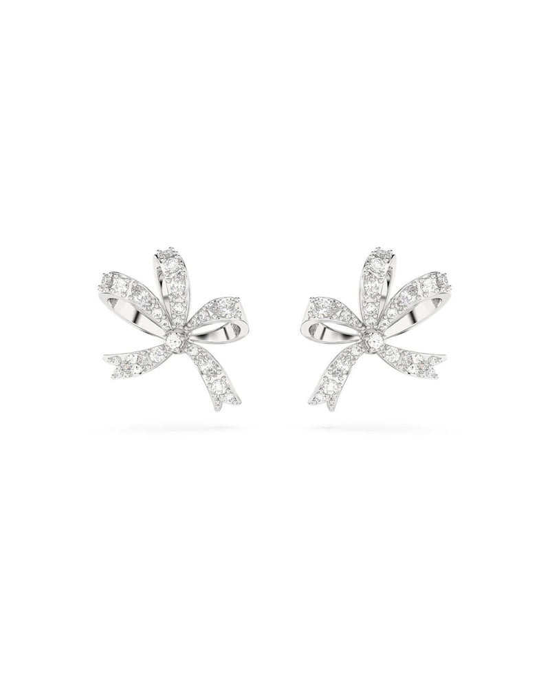 Volta stud earrings, Bow, Small, White, Rhodium plated