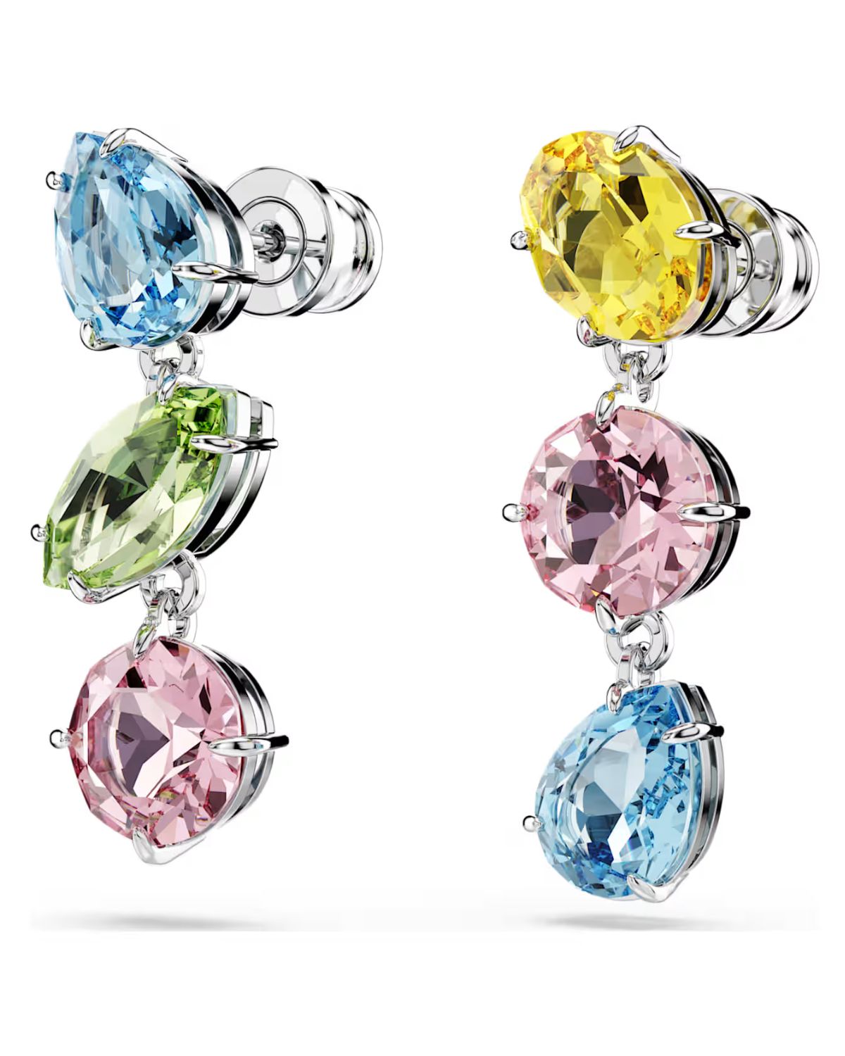 Gema drop earrings Asymmetrical design, Mixed cuts, Multicoloured, Rhodium plated 5692406