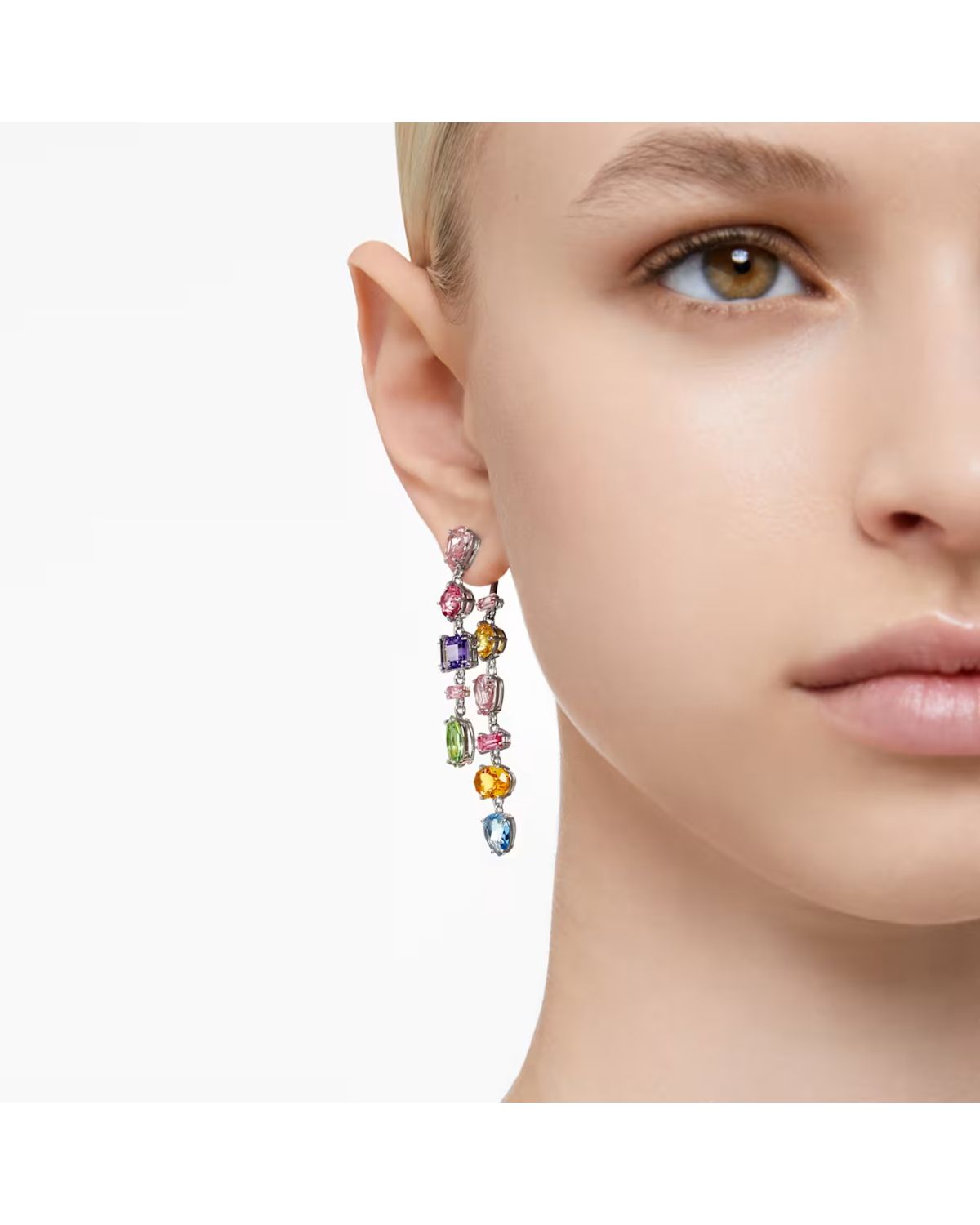 RE Gema drop earrings Asymmetrical design, Mixed cuts, Long, Multicoloured, Rhodium plated 5656417