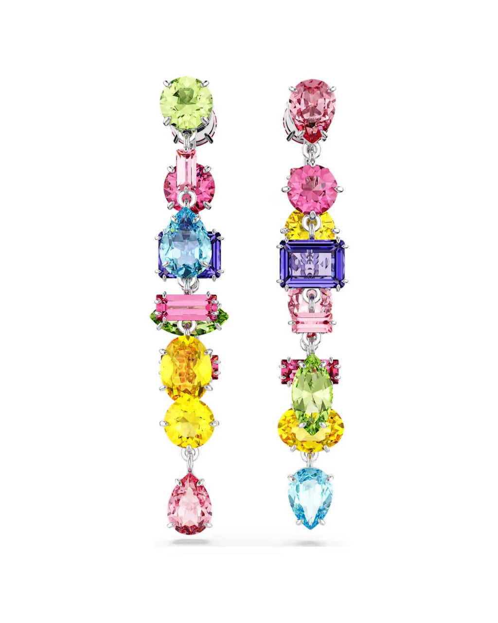 RE Gema drop earrings Asymmetrical design, Mixed cuts, Long, Multicoloured, Rhodium plated 5656417