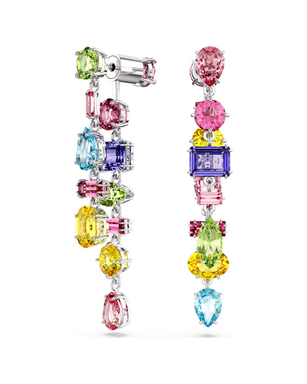 RE Gema drop earrings Asymmetrical design, Mixed cuts, Long, Multicoloured, Rhodium plated 5656417