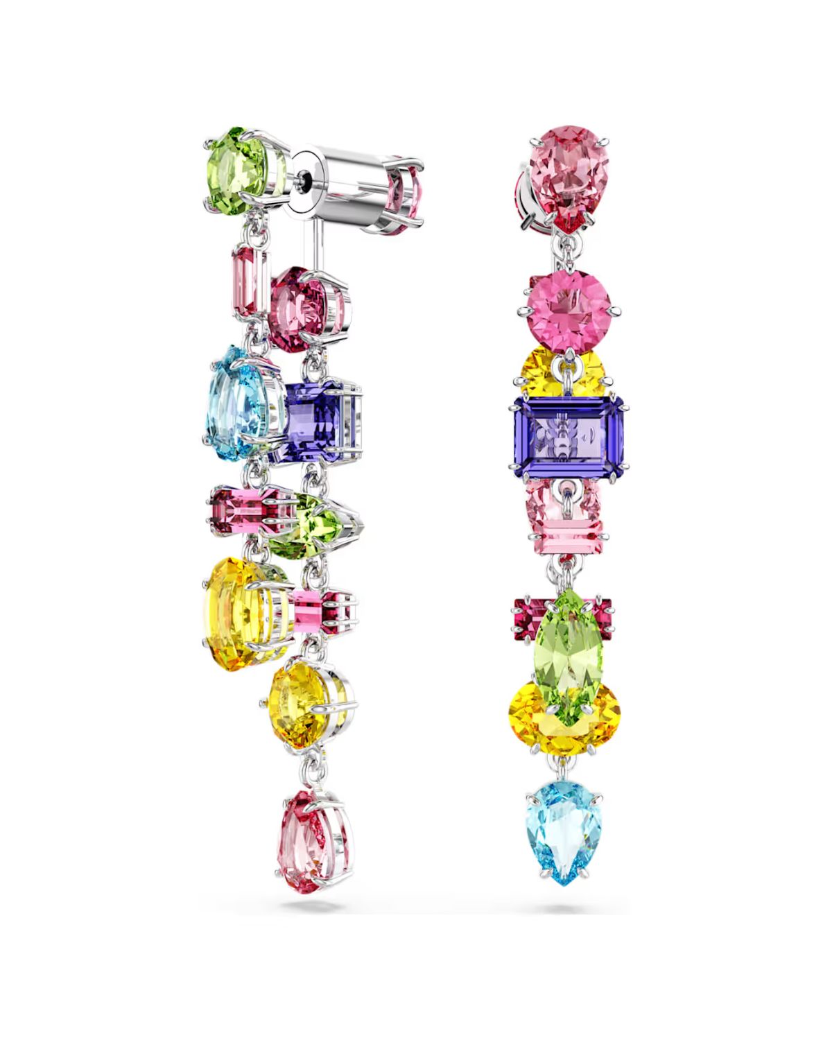 RE Gema drop earrings Asymmetrical design, Mixed cuts, Long, Multicoloured, Rhodium plated 5656417