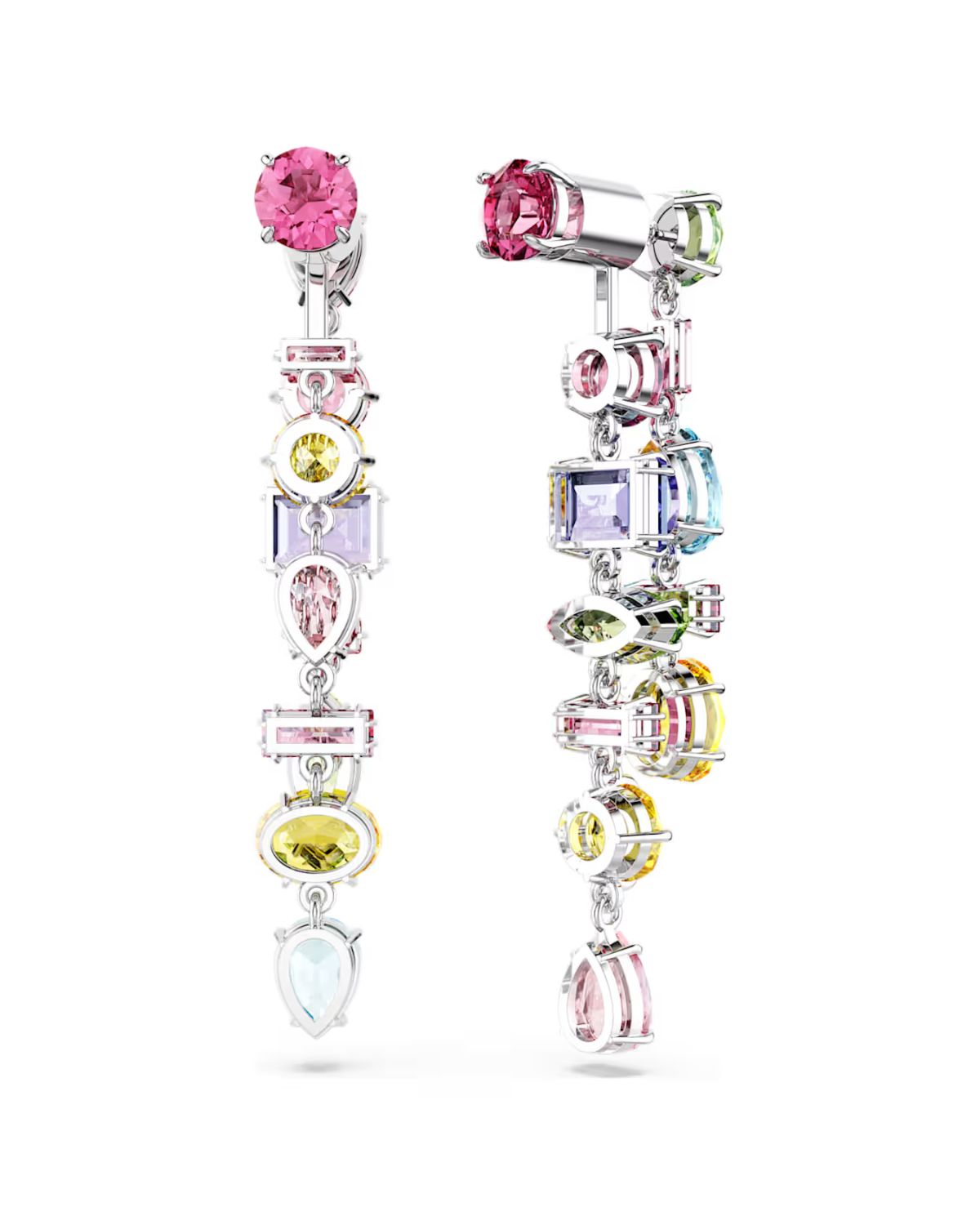 RE Gema drop earrings Asymmetrical design, Mixed cuts, Long, Multicoloured, Rhodium plated 5656417
