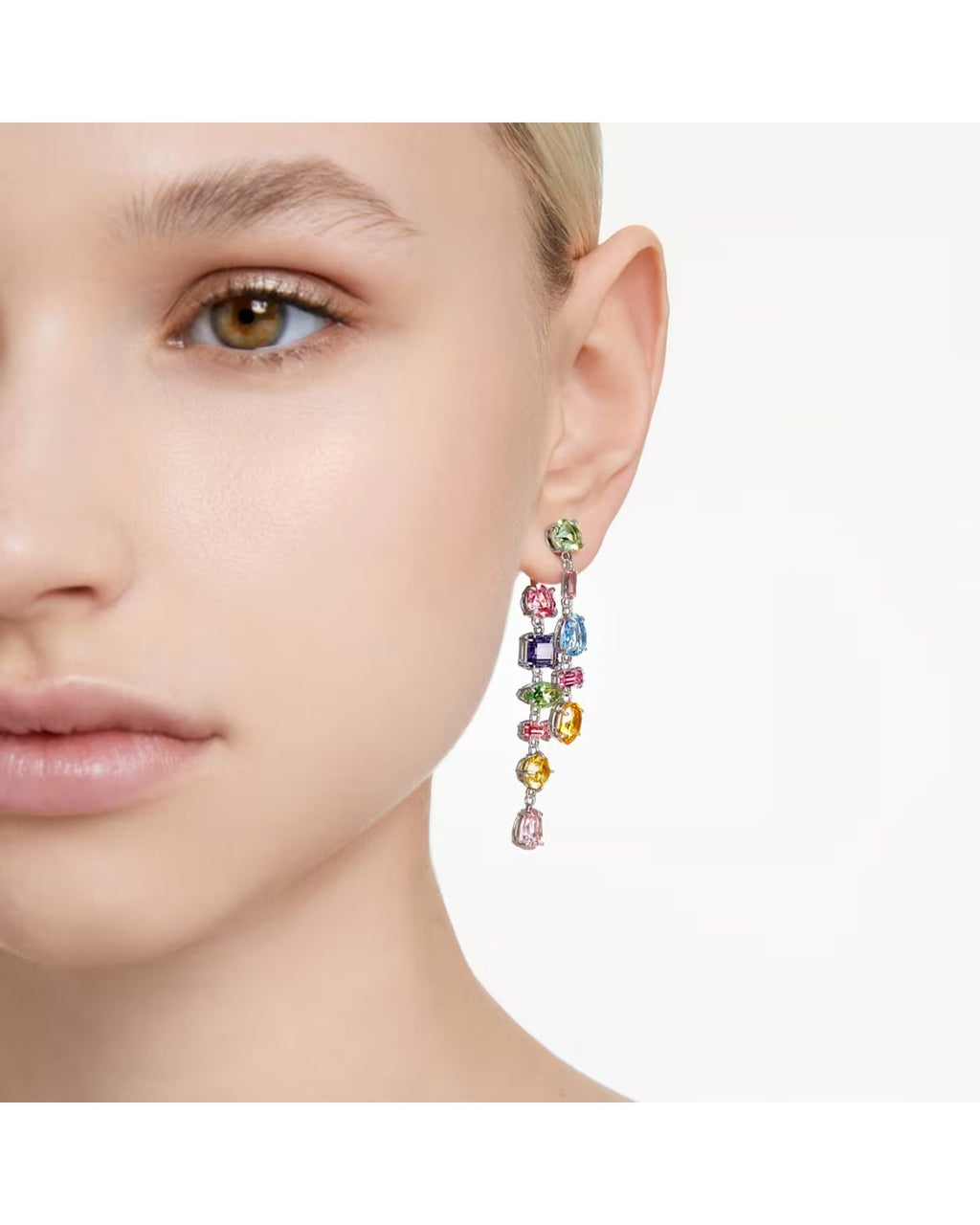 RE Gema drop earrings Asymmetrical design, Mixed cuts, Long, Multicoloured, Rhodium plated 5656417