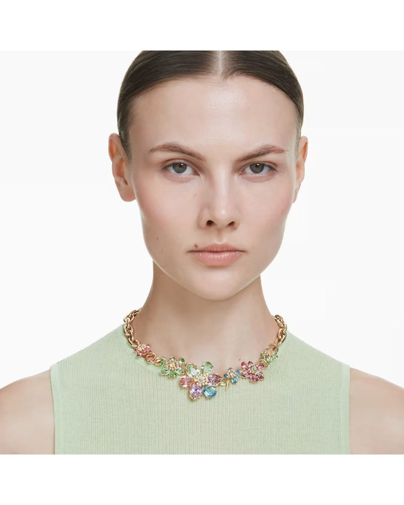Idyllia necklace Mixed cuts, Flower, Multicoloured, Gold-tone plated