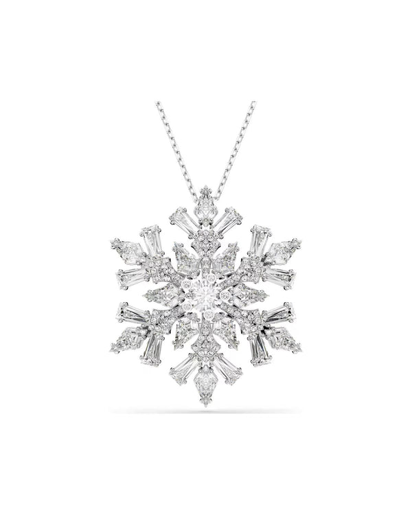 Idyllia pendant and brooch Mixed cuts, Snowflake, White, Rhodium plated