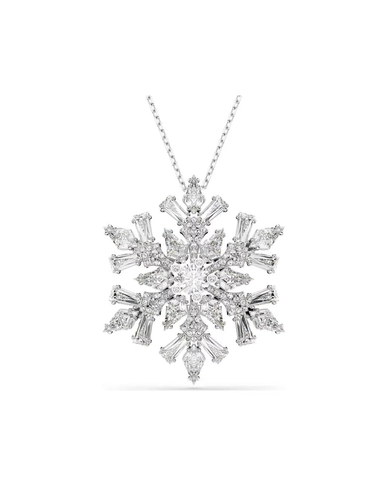 Idyllia pendant and brooch Mixed cuts, Snowflake, White, Rhodium plated