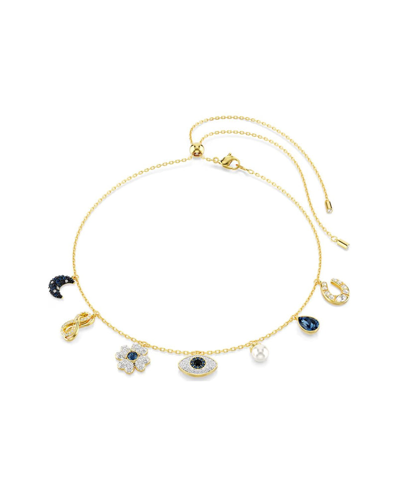 Symbolica choker Crystal pearl, Moon, infinity, clover, evil eye and horseshoe, Blue, Gold-tone plated
