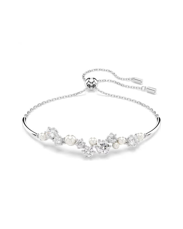 Constella bangle Crystal pearl, Round cuts, White, Rhodium plated