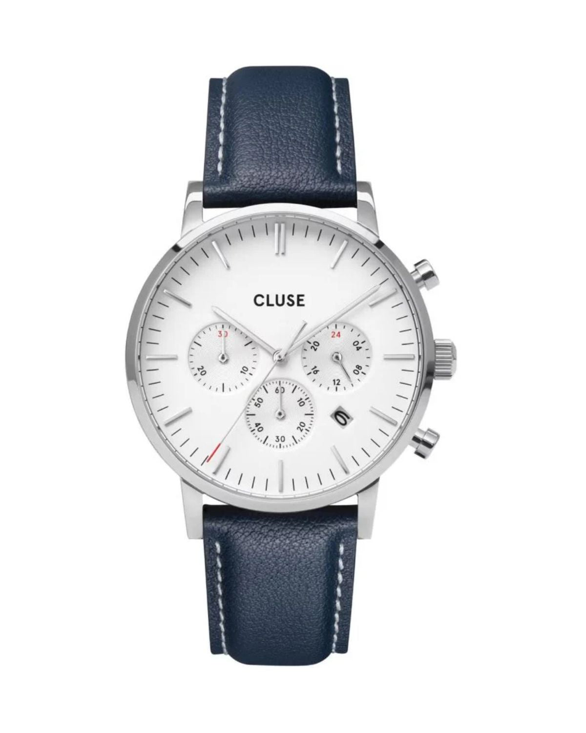 CLUSWE Aravis Chrono Silver Mesh Band and Navy Blue leather strap CG21004