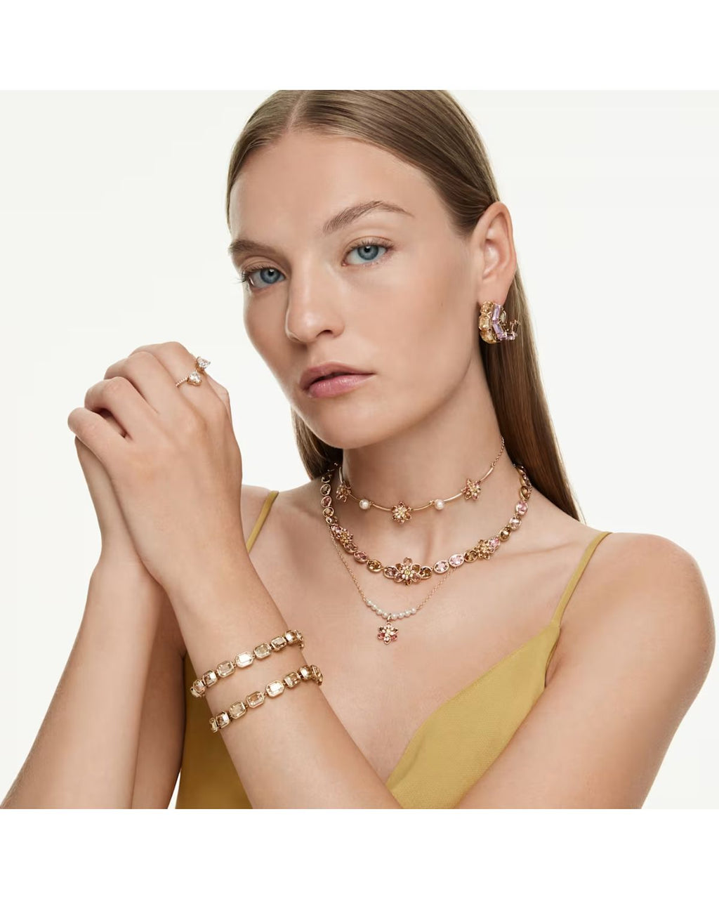 Idyllia pendant Crystal pearl, Mixed cuts, Flower, Multicoloured, 18k gold finish 5723140