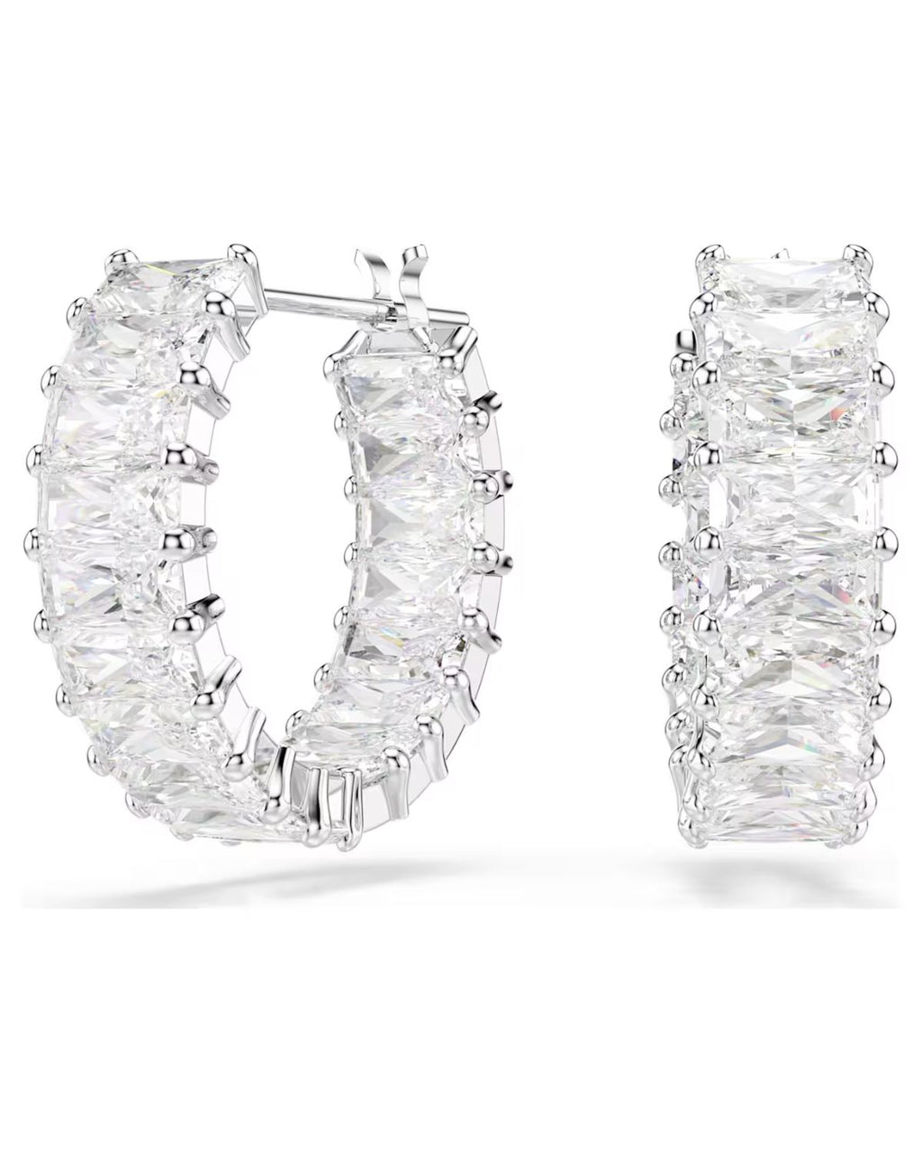 Matrix hoop earrings Baguette cut, White, Rhodium plated 5733397