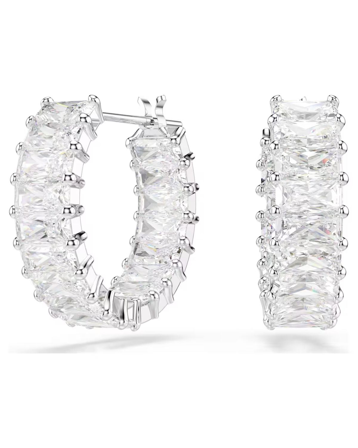 Matrix hoop earrings Baguette cut, White, Rhodium plated 5733397