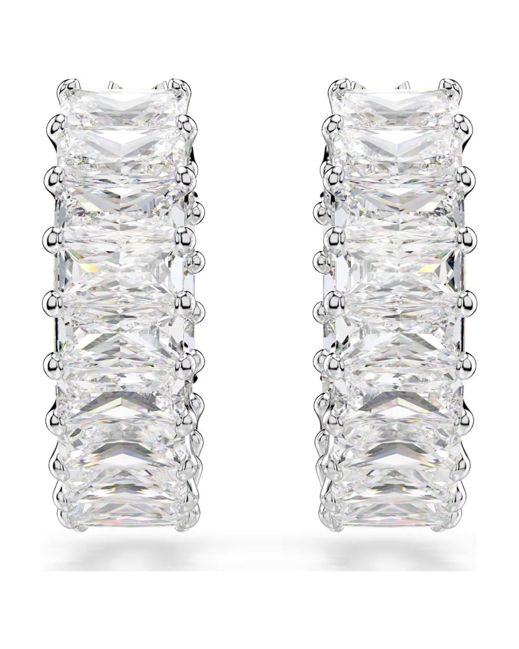 Matrix hoop earrings Baguette cut, White, Rhodium plated 5733397