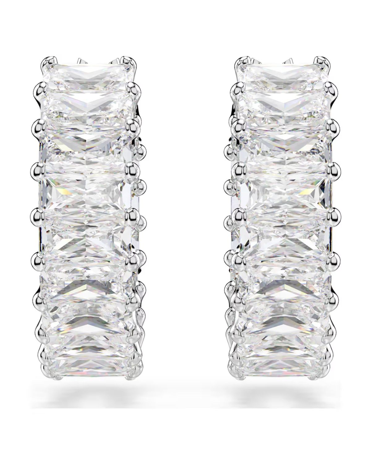 Matrix hoop earrings Baguette cut, White, Rhodium plated 5733397