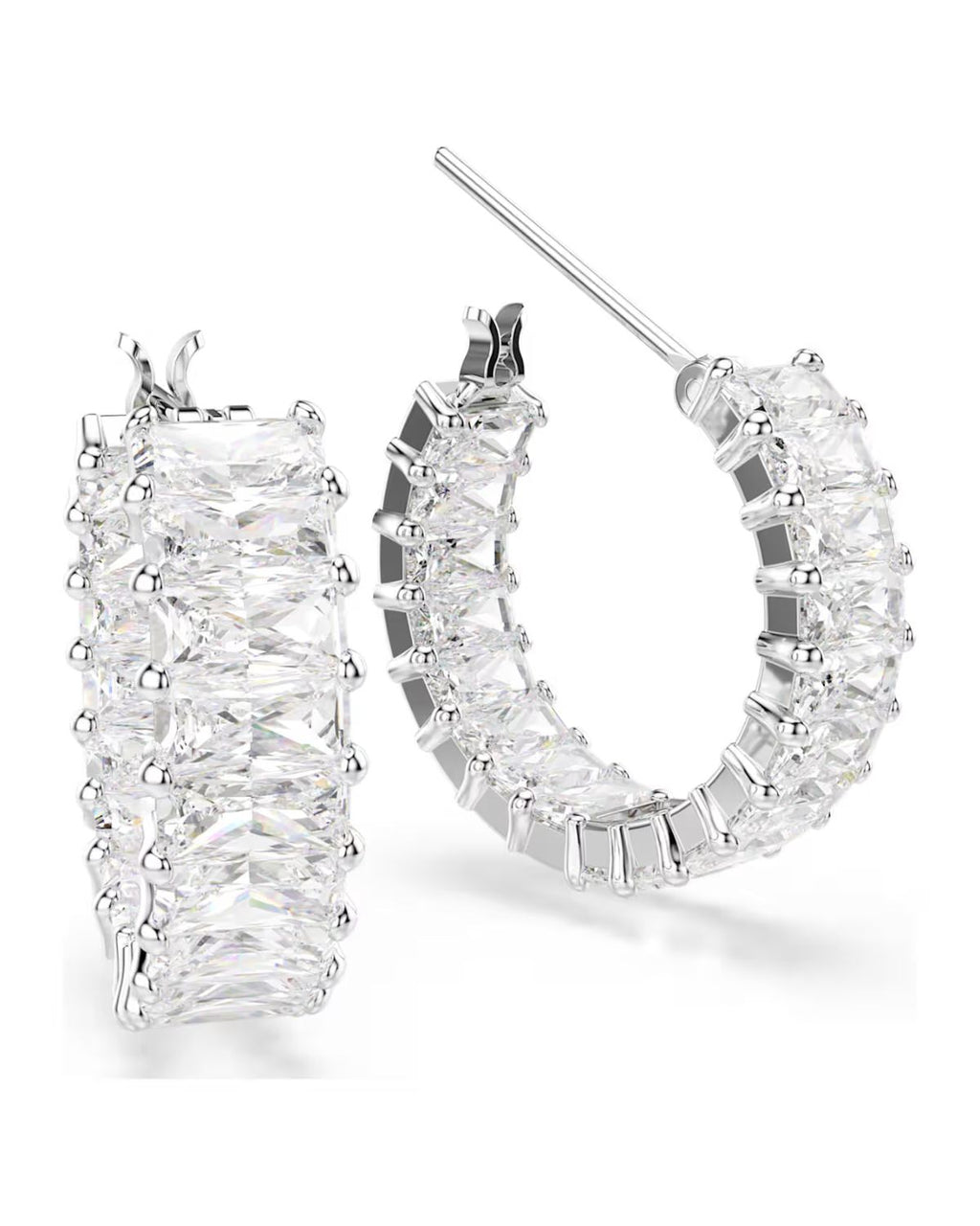 Matrix hoop earrings Baguette cut, White, Rhodium plated 5733397