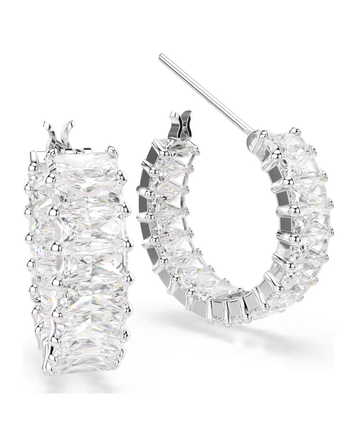 Matrix hoop earrings Baguette cut, White, Rhodium plated 5733397