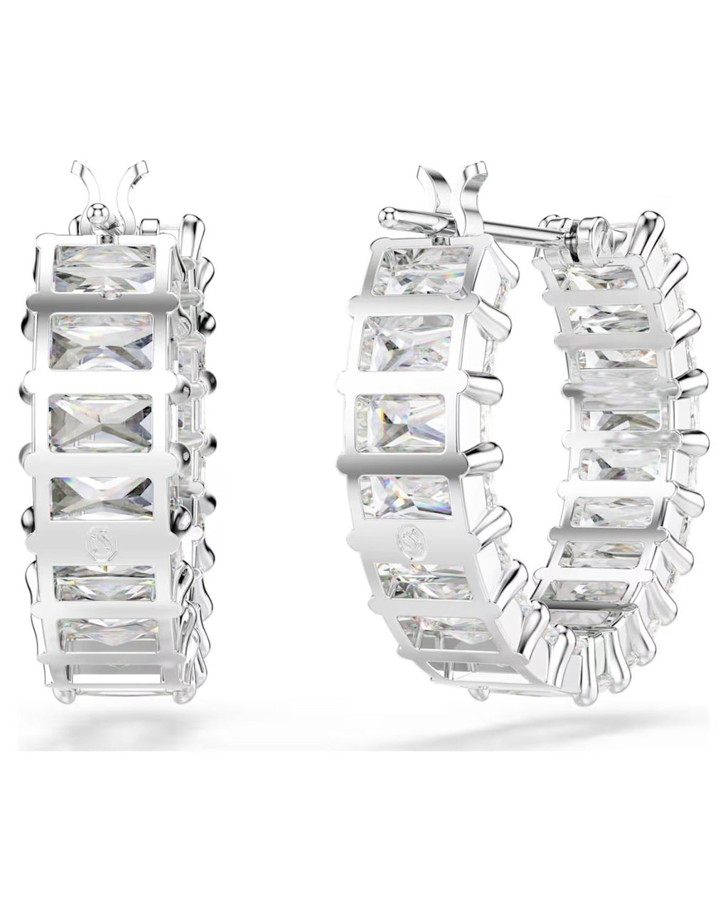Matrix hoop earrings Baguette cut, White, Rhodium plated 5733397