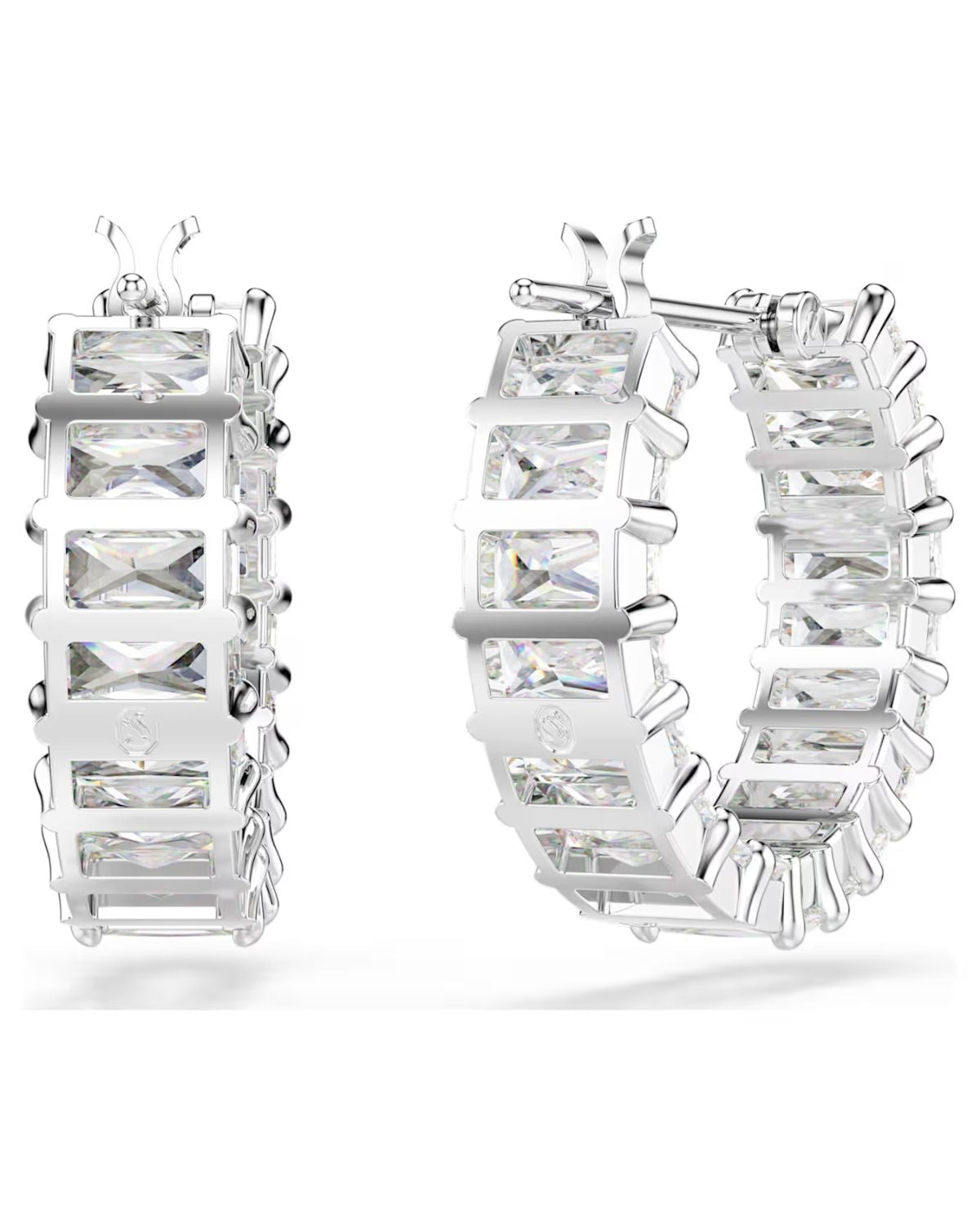 Matrix hoop earrings Baguette cut, White, Rhodium plated 5733397