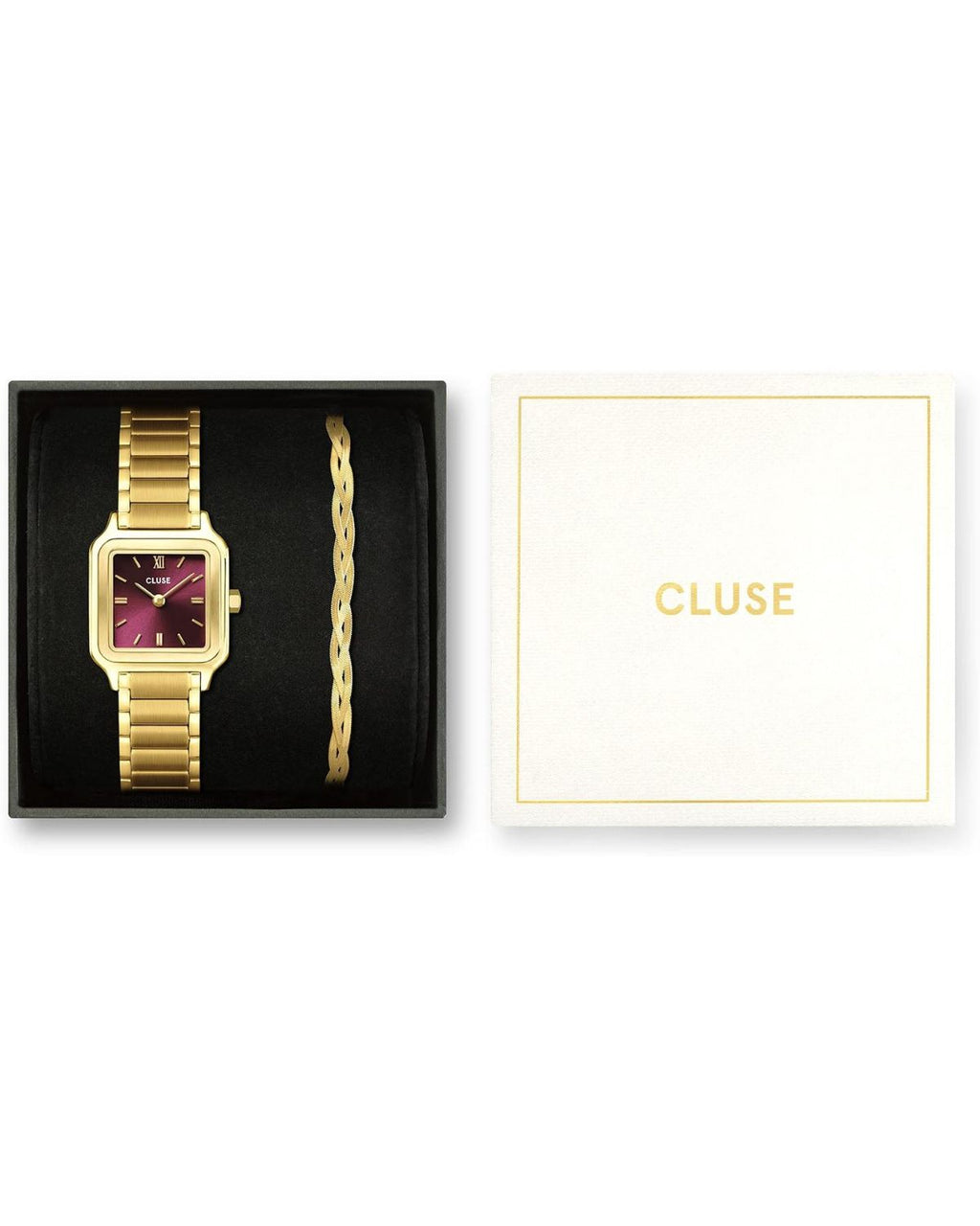 Gift Box Gracieuse Petite Watch Steel, Dark Cherry & Braided Snake Bracelet, Gold Colour
